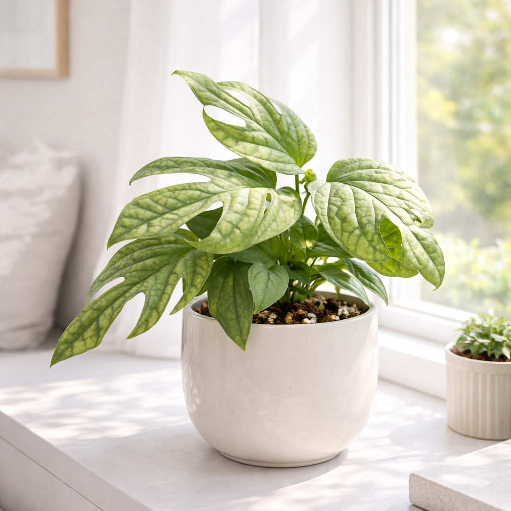 buy amydrium 'silver' (spiderman monstera) live houseplant 4" pot online, silvery-green fenestrated foliage, narrow elongated leaves with metallic sheen, vigorous climbing vining growth habit, easy care tropical aroid, striking architectural focal point for bright living rooms, a rare and impressive gift for plant collectors