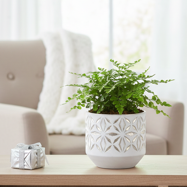 buy austral gem fern live houseplant 4" pot online, glossy dark green leathery fronds, compact mounding form, waxy drought-resistant texture, low light tolerant, no spore drop, lush tropical accent for shelves or desks, a thoughtful gift for plant lovers of any level