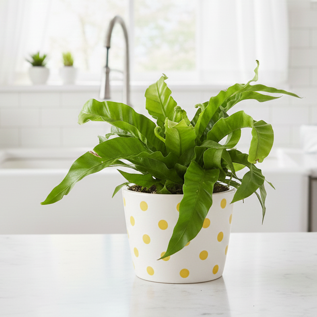 buy fern 'bird's nest hurricane' live houseplant 4" pot online, glossy bright green spiral fronds, leathery wavy leaf texture, compact upright rosette growth form, whirlwind swirling foliage habit, easy care low light tolerant, striking sculptural accent for shelves or bathroom, a thoughtful gift for plant lovers