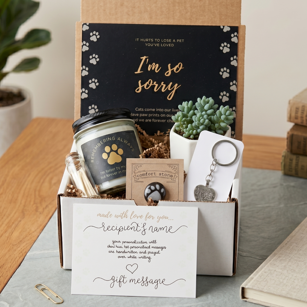Cat Memorial Gift Box for sale, cat memorial gift box for pet loss sympathy, cat remembrance gift box thinking of you, condolence gift box for cat loss support, minimalist pet loss gift box for cat remembrance