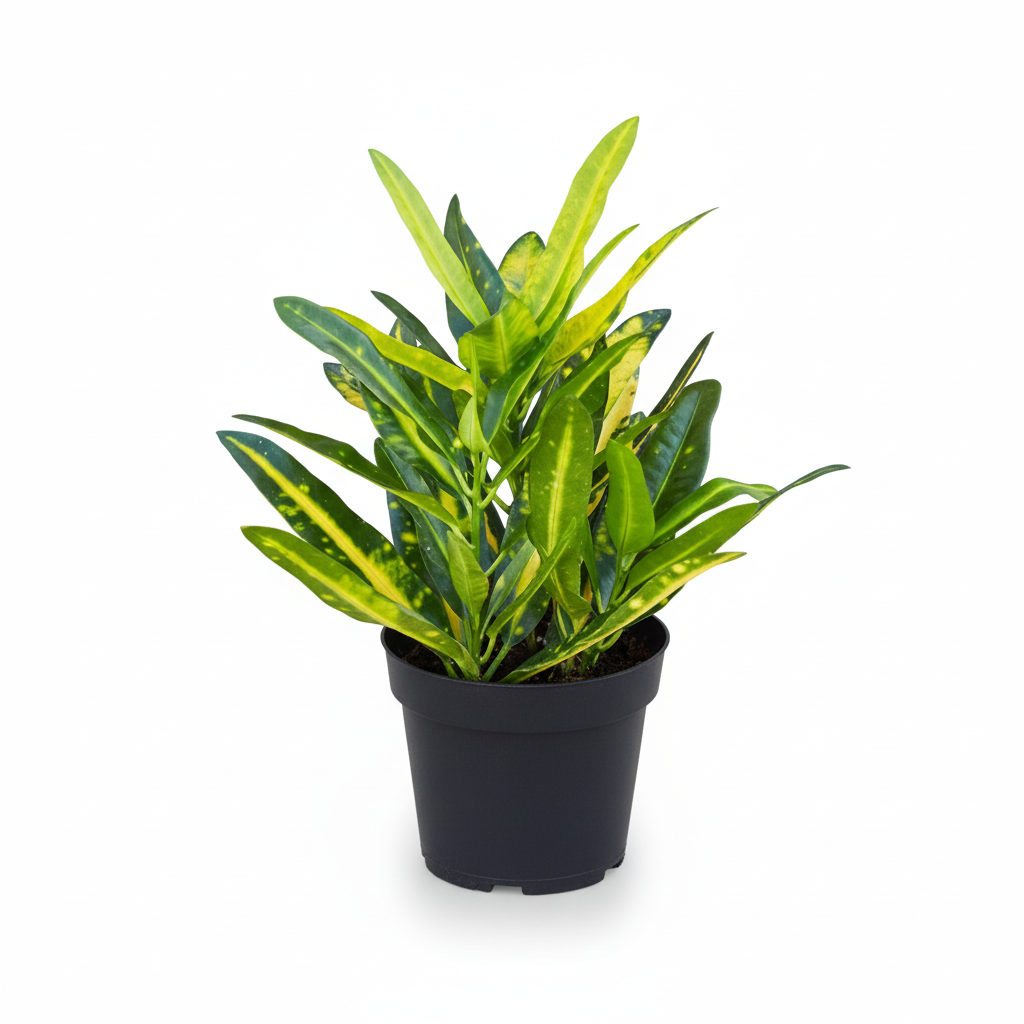 4" pot croton 'sunny star' live houseplant for sale, showcasing neon yellow and forest green narrow foliage with striking veined variegation, compact upright shrubby form, humidity-loving tropical nature, air-purifying quality, vibrant statement piece for bright living rooms or sunrooms, an eye-catching gift for any bold plant enthusiast