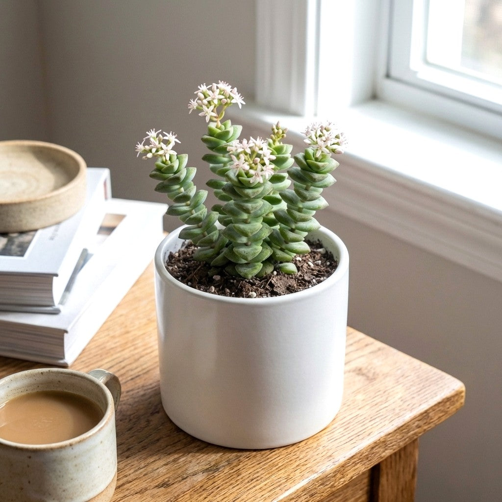 4 inch crassula jade necklace live succulent for sale, dense overlapping plump leaves creating a sculptural worm-like form along cascading stems, vivid jade green with pinkish blush edges, drought tolerant and low maintenance, beautifully displayed in a bamboo pot for eco-friendly home styling, a unique and lasting gift for succulent collectors