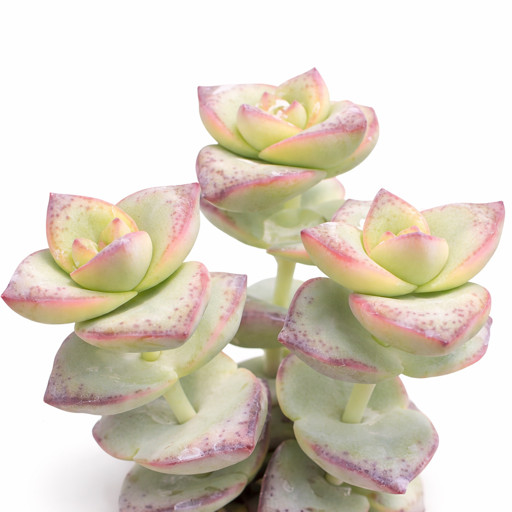 buy crassula perforata ssp. kougaensis live succulent 2 inch online, gray-green stacked triangular leaves with purplish-pink margins, dense four-angled columnar growth form, trailing pendent branches with cascading habit, drought tolerant and low maintenance, architectural accent for a modern minimalist shelf, a unique collector gift for succulent enthusiasts in a plastic pot