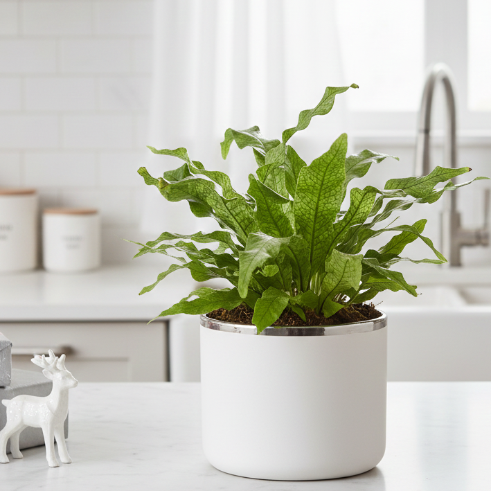 buy fern 'crocodile' live houseplant 4" pot online, glossy forest green strap-like fronds with deep crocodile-skin texture, rosette growth form, reptilian veining, low light tolerant, perfect for humid bathroom shelves, a unique exotic gift for plant lovers