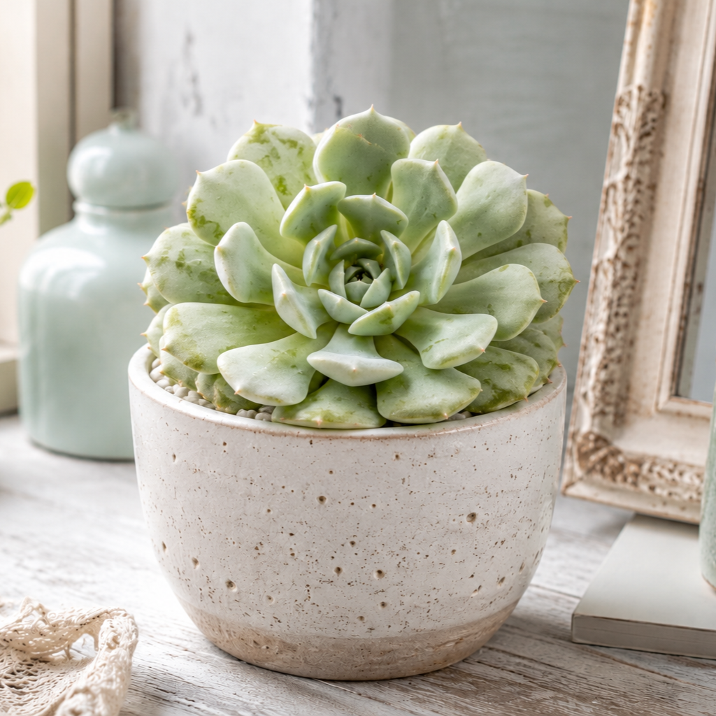 buy echeveria 'cherio' live succulent 2 inch online, soft peachy-pink rosette with delicate fleshy leaves, compact tight growth form ideal for small spaces, thrives in direct sun but adapts to low-light conditions, needs regular rotating for balanced symmetric development, sensitive to direct air from ac and heating vents but tolerates dry indoor air, perfect bright windowsill accent or tabletop display, ideal succulent gift for plant lovers and collectors