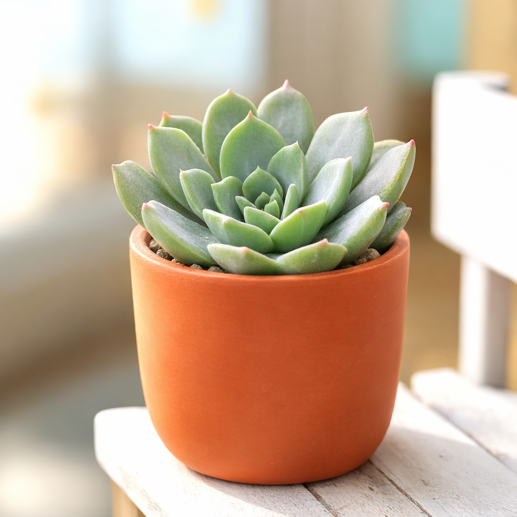 buy echeveria sofia live succulent 2 inch online, emerald green rosette with pink-blushed leaf margins, thick fleshy water-storing leaves, compact symmetrical form under 5 inches wide, drought tolerant and low maintenance