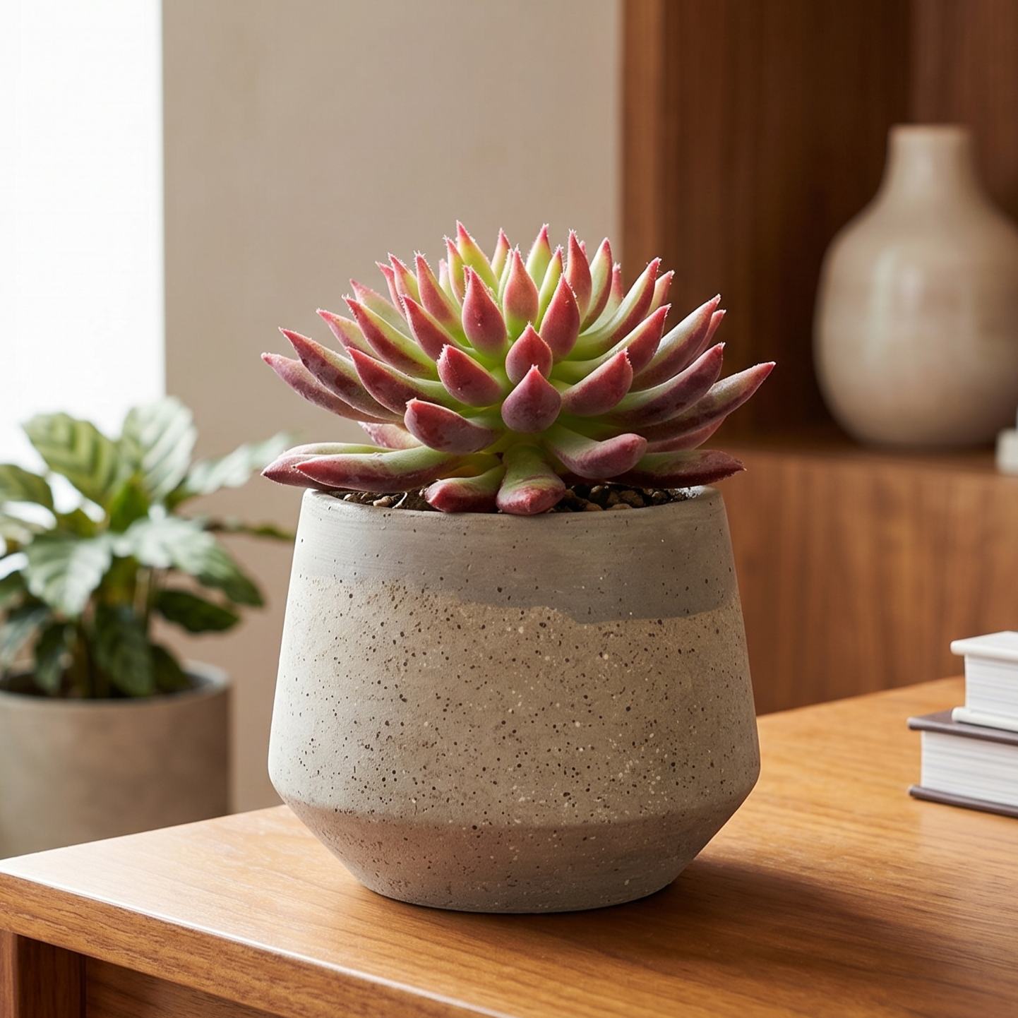 buy echeveria 'spruce oliver' live succulent 2 inch online, compact apple green rosette with vivid red leaf undersides and tips, narrow upturned hairy leaves, upright branching stem habit, slow-growing drought tolerant, bold architectural accent for