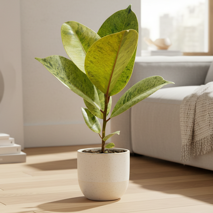 buy ficus 'shivereana' (moonshine) live houseplant 2" pot online, creamy variegated leathery leaves, upright growth habit, silvery-green mottled foliage, rare collector rubber tree, slow-growing tropical beauty, elegant modern home accent, perfect rare plant gift for plant lovers