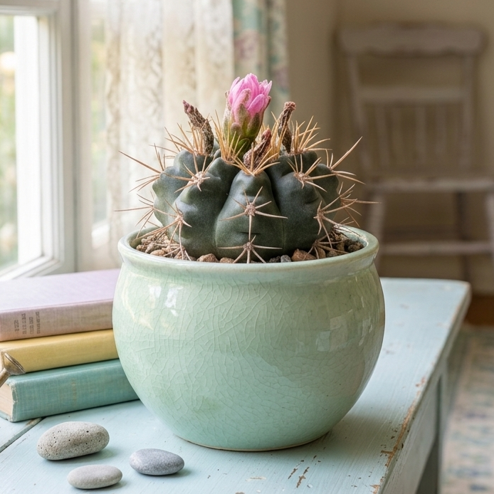 buy gymnocalycium neuhuberi live cactus 4 inch online, purple flowering, compact form, amber spines, modern decor, collector gift