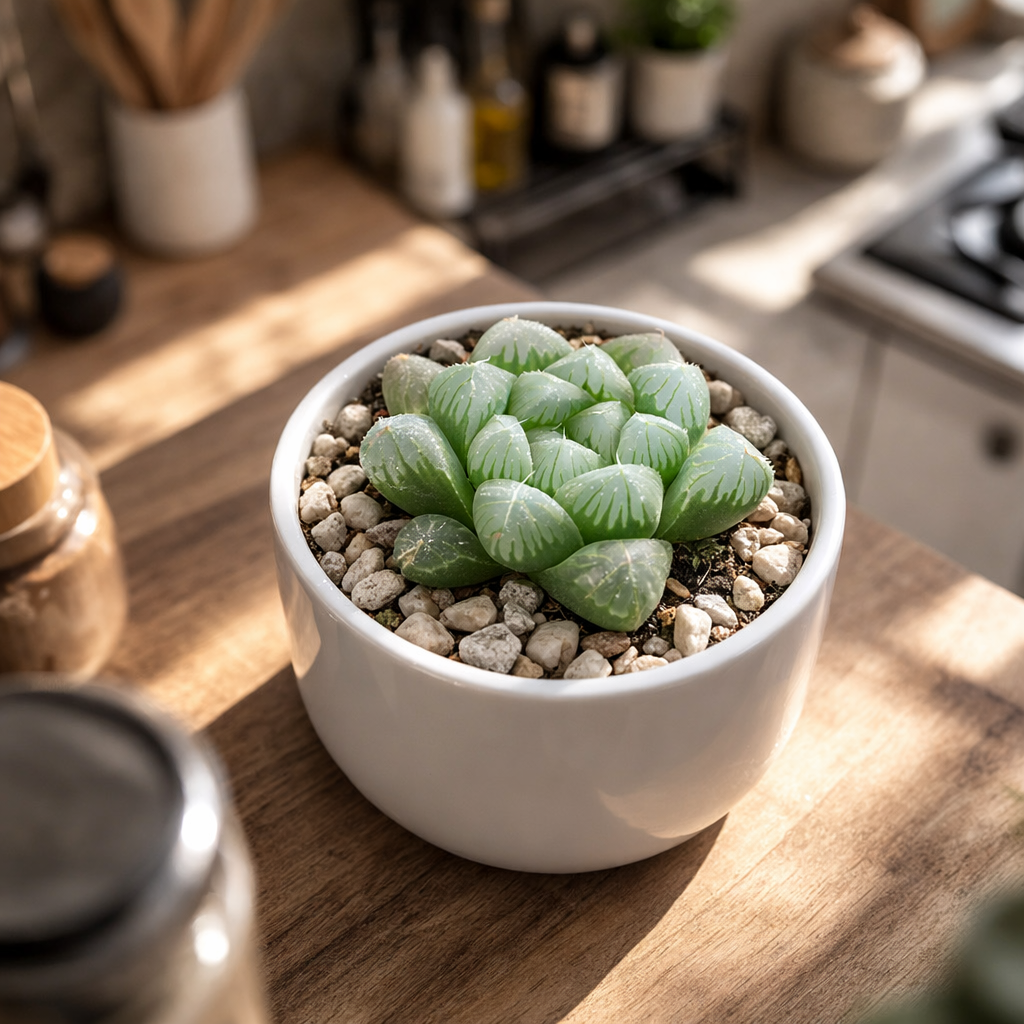 buy haworthia cooperi var. truncata 'alien eggs' live succulent 2 inch online, blue-green translucent bubble-like leaves, compact rosette form, fleshy veined leaf texture, slow growing and low maintenance, elegant on a modern desk shelf, makes a unique and charming gift for plant lovers, in plastic pot