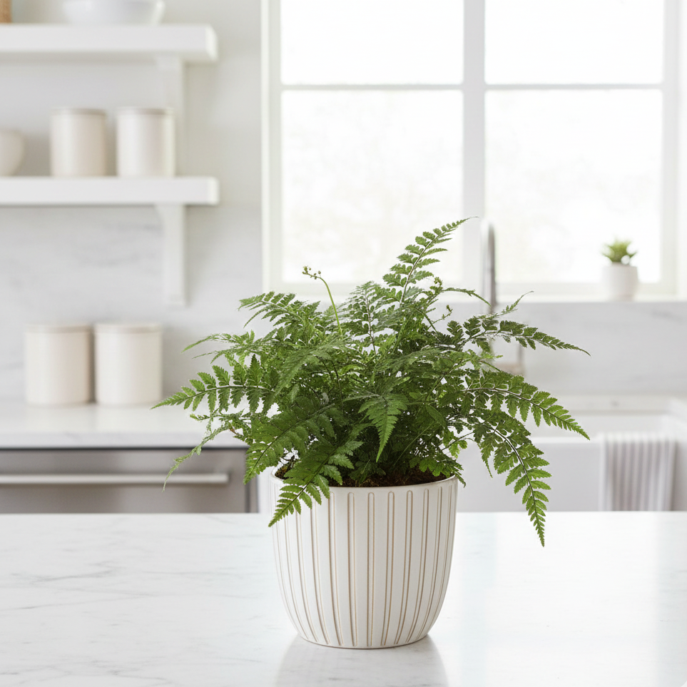 buy korean rock' fern live houseplant 4" pot online, dark glossy leathery fronds with black stems, compact mounding growth habit, lance-shaped evergreen foliage, shade tolerant low maintenance fern, elegant on shelves or desks, a refined green gift for plant lovers