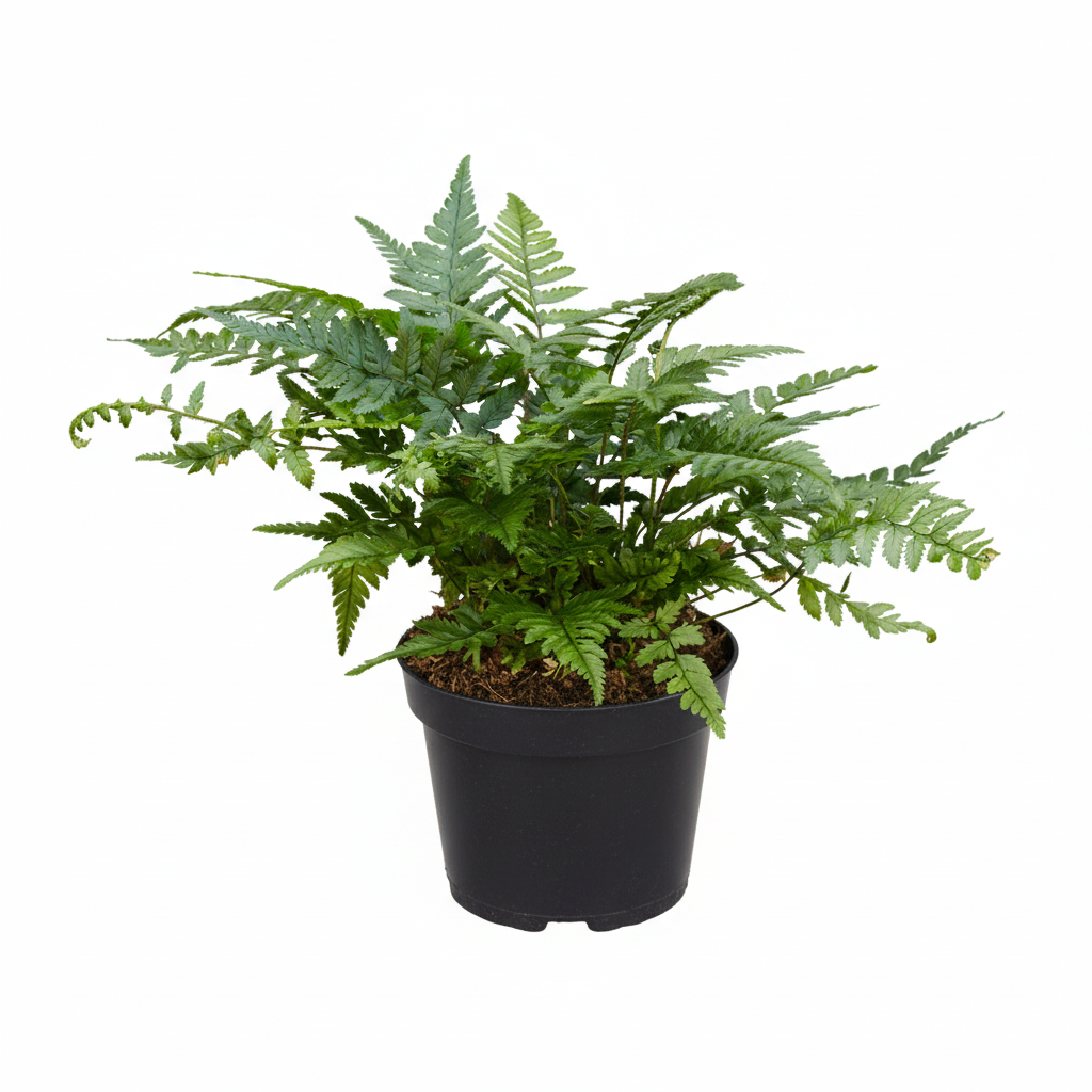 4" pot korean rock' fern live houseplant for sale, deep forest green divided fronds with spiny-toothed pinnae, upright clump-forming structure, humidity-loving terrarium-ready fern, leathery firm foliage year round, a lush botanical accent for shaded interiors, ideal housewarming or desk plant gift