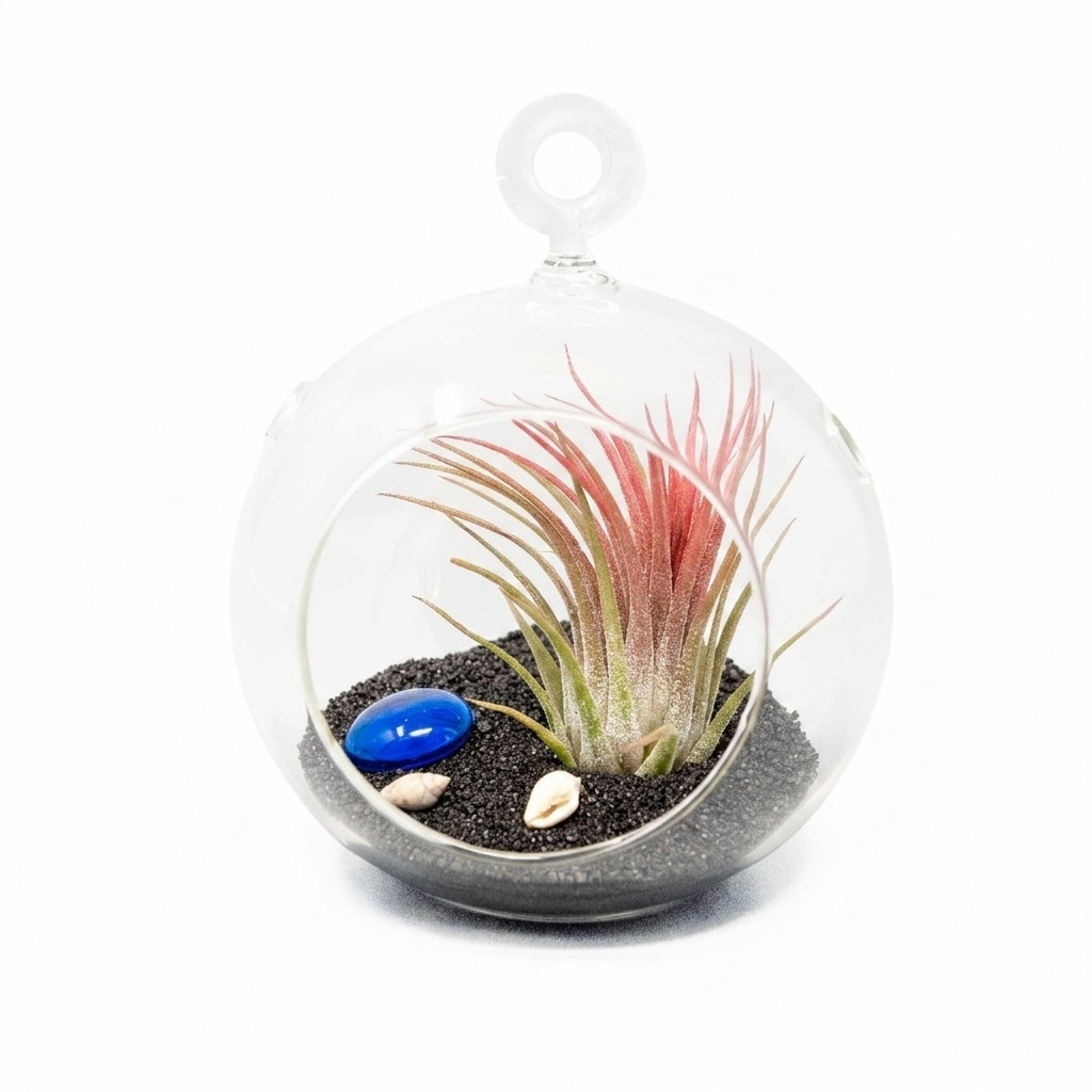Modern nautical air plant arrangement for home, Small 4-inch glass orb terrarium with black sand, Easy DIY air plant kit for beach lovers, Miniature sea life terrarium for wedding favors