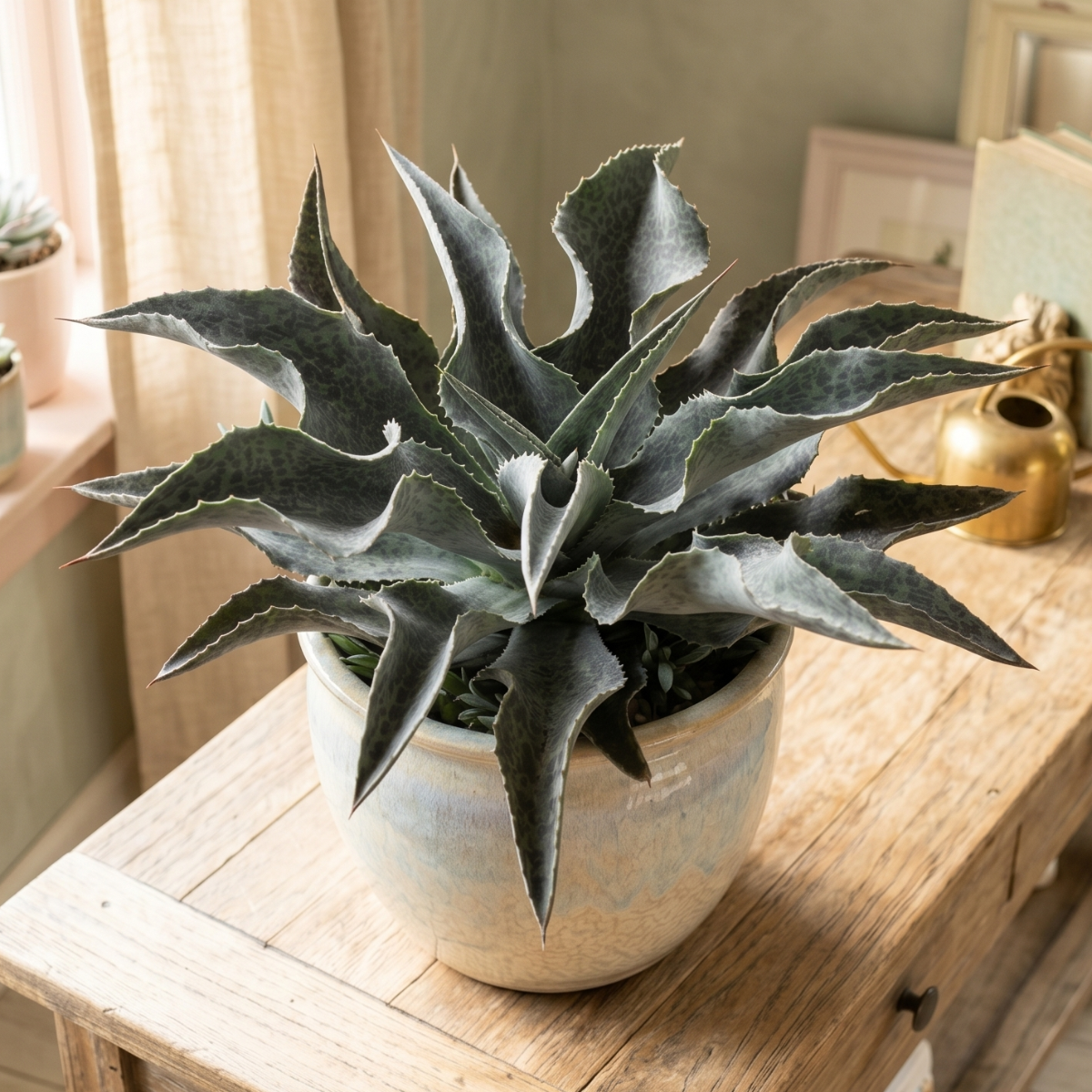 buy mangave 'catch a wave' online, variegated green and cream wavy leaves, 1.5 inch plug, tolerates dry heated air, needs heavy pot for deep roots