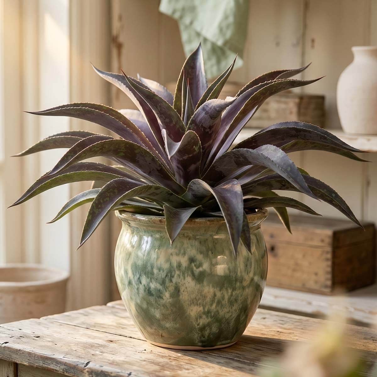buy mangave 'mission to mars' plug online, deep burgundy striped leaves, 1.5 inch plug, tolerates dry heated air, requires heavy pot for stability