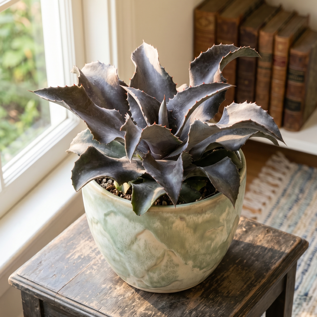buy mangave 'night owl' plug online, deep purple mottled foliage, 1.5 inch plug, tolerates low-light conditions, needs heavy pot for deep roots