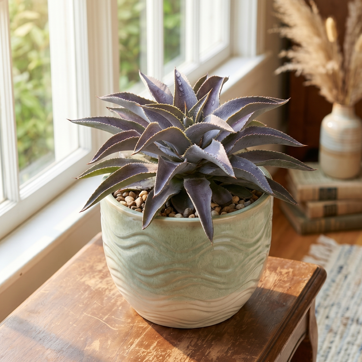 buy mangave 'purple people eater' online, deep purple striped leaves, 4 inch clay pot, tolerates dry heated air, needs heavy pot for deep roots