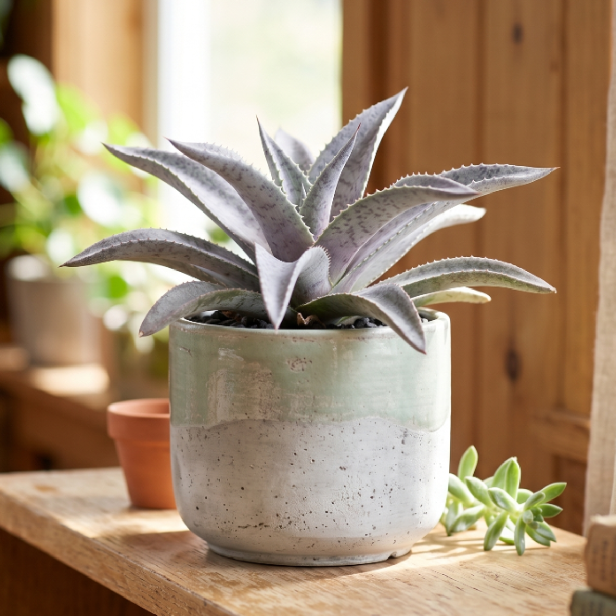 buy mangave 'silver fox' online, silvery striped foliage, 1.5 inch plug, tolerates dry heated air, needs heavy pot for deep roots