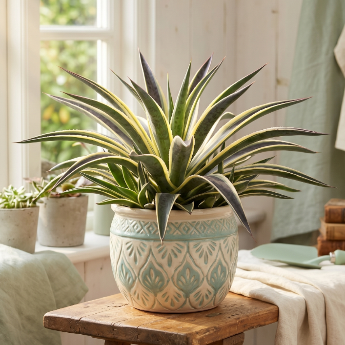 buy mangave 'snow leopard' online, white and green variegated leaves, 1.5 inch plug, tolerates dry heated air, needs heavy pot for deep roots