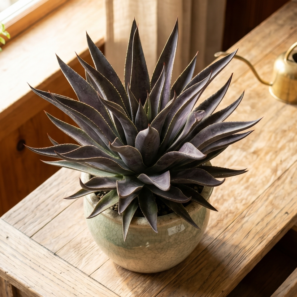 buy mangave 'thunderbird' online, deep burgundy striped leaves, 1.5 inch plug, tolerates dry heated air, requires heavy pot for deep roots