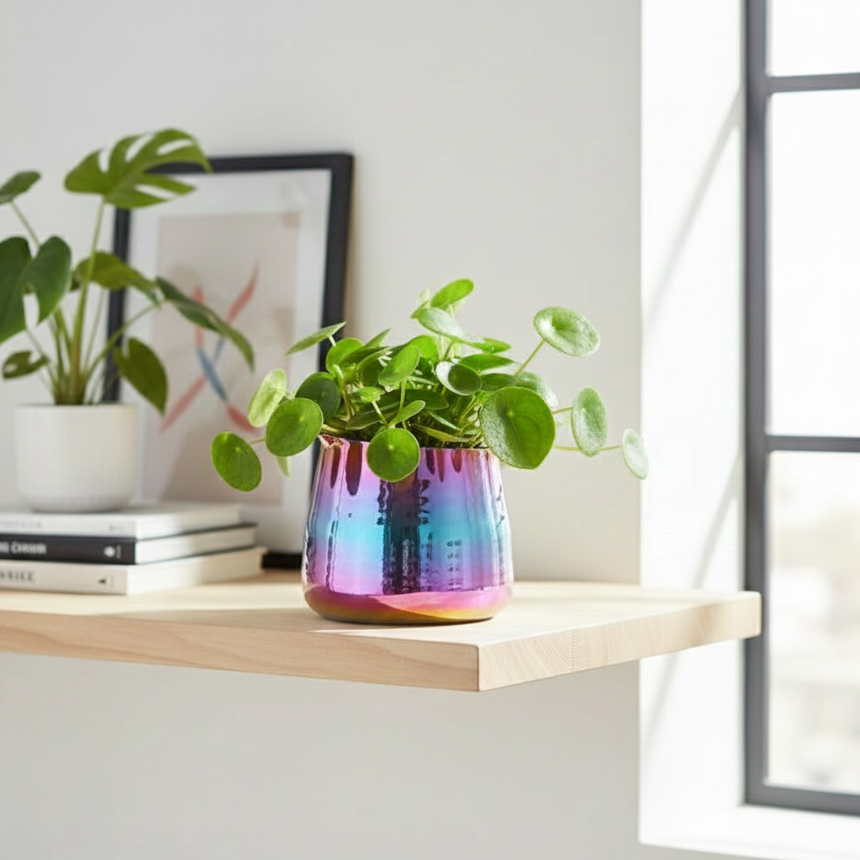 4.5" Artisanal Stoneware Flower &amp; Succulent Planter, Iridescent Tegan Pot for Houseplants, Ceramic Rainbow Pot