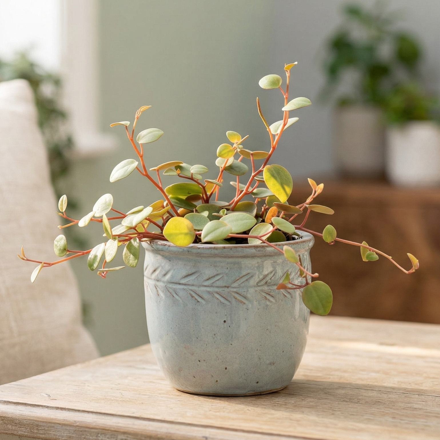 buy peperomia 'pepperspot' - string of coins live succulent 2 inch online, dark forest green coin-shaped leaves with ruby red trailing stems, semi-succulent fleshy foliage, compact cascading growth form, slow-growing and low-maintenance, charming bohemian accent for a hanging basket or desk shelf, a delightful pet-safe indoor plant gift
