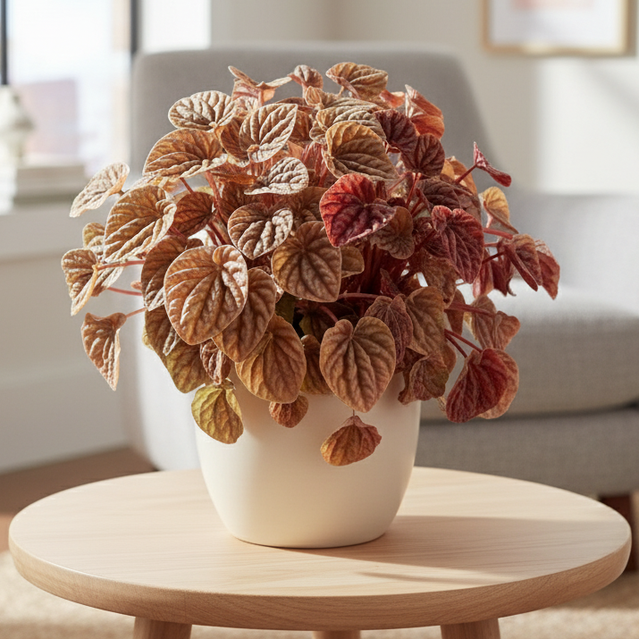 6" pot peperomia 'quito' live houseplant for sale, rich burgundy and orange corrugated foliage with a metallic sheen, dense compact mounding habit, semi-succulent drought-tolerant nature, pet-safe non-toxic tropical beauty, stunning accent for a terrarium or windowsill vignette, an ideal housewarming or birthday gift