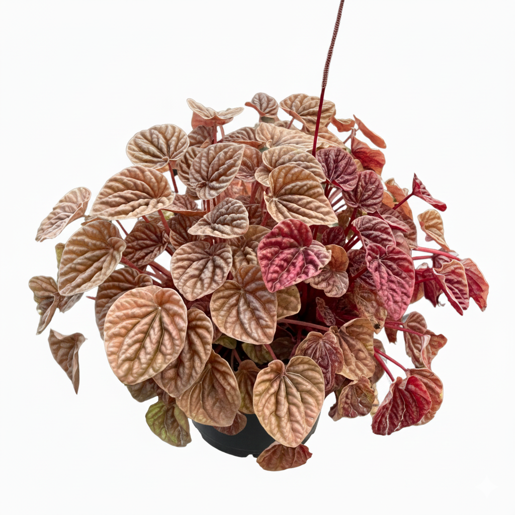 buy peperomia 'quito' live houseplant 4" pot online, vibrant heart-shaped leaves with orange pink and bronze ridged surface, upright rosette growth form, low-light tolerant and air-purifying qualities, rare cultivar with collector appeal, charming addition to a plant shelfie or boho interior, a delightful gift for any houseplant enthusiast