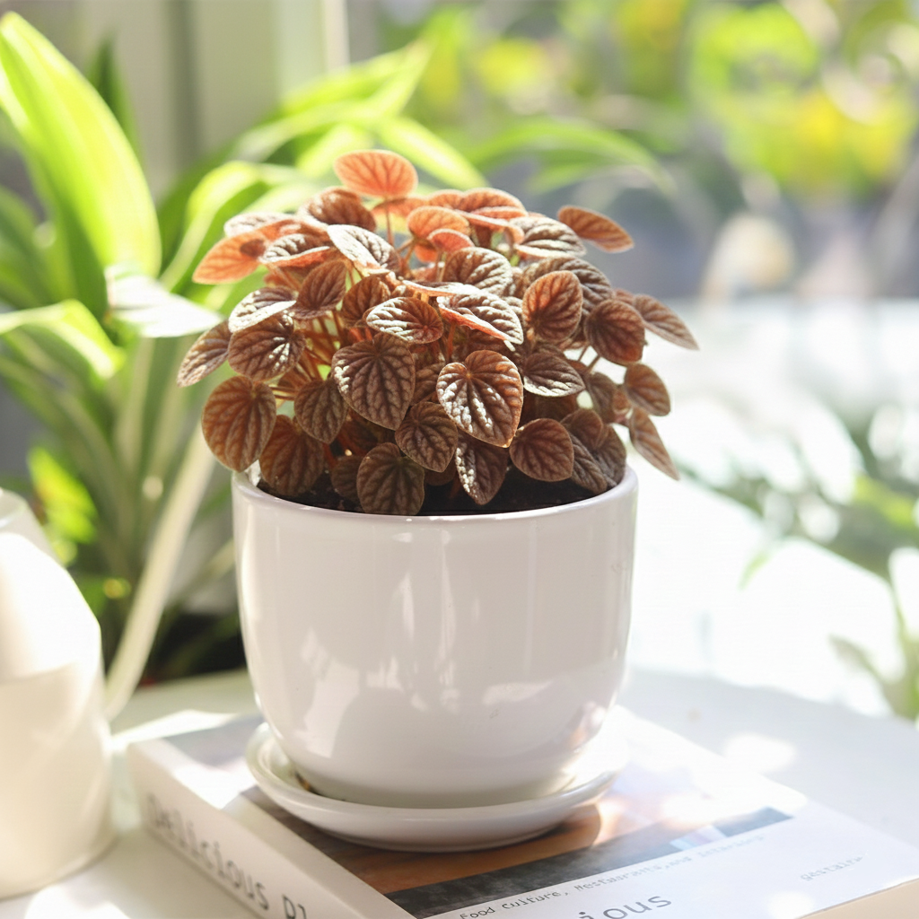 buy peperomia 'quito' live houseplant 4" pot online, compact rosette with deeply ridged heart-shaped leaves in bronze and burgundy tones, quilted metallic texture, slow-growing epiphytic form, easy care beginner-friendly foliage, perfect for a boho shelf or desk display, a unique and thoughtful gift for plant lovers