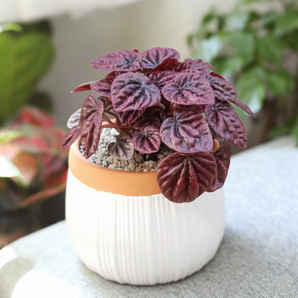 buy peperomia 'ripple red' live houseplant 3" pot online, deeply rippled heart-shaped leaves, rich burgundy red coloring, compact mounding growth, semi-succulent drought tolerant stems, pet safe non-toxic, perfect for a desk or windowsill display, makes a charming gift for plant lovers