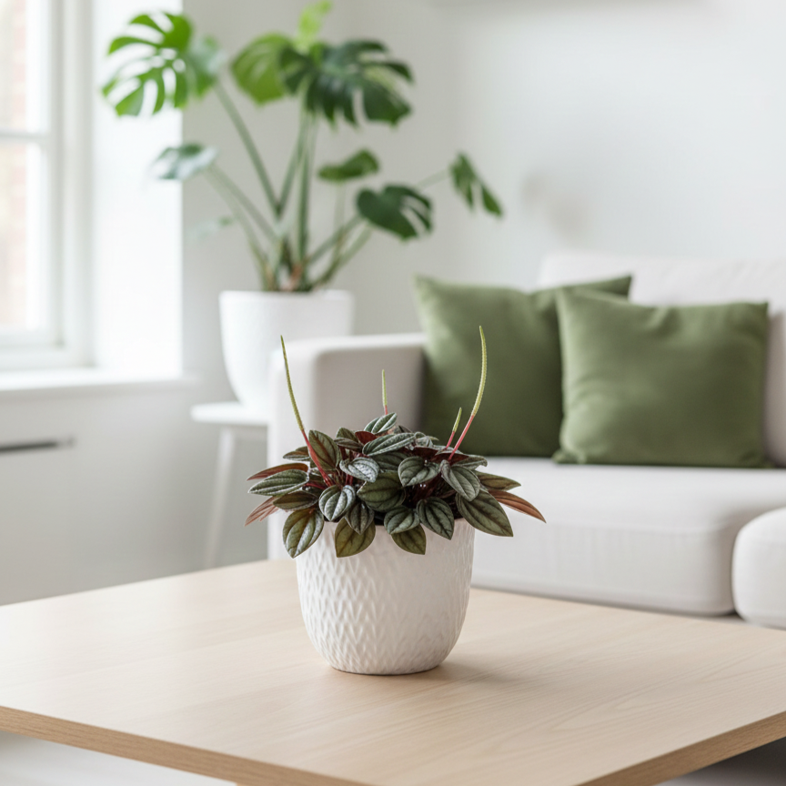 buy peperomia 'san marino' live houseplant 4" pot online, compact silvery-green corrugated leaves, rosette growth form, red stems, low-maintenance tropical foliage, easy care desk plant, elegant textured accent for modern interiors, makes a beautiful pet-safe gift