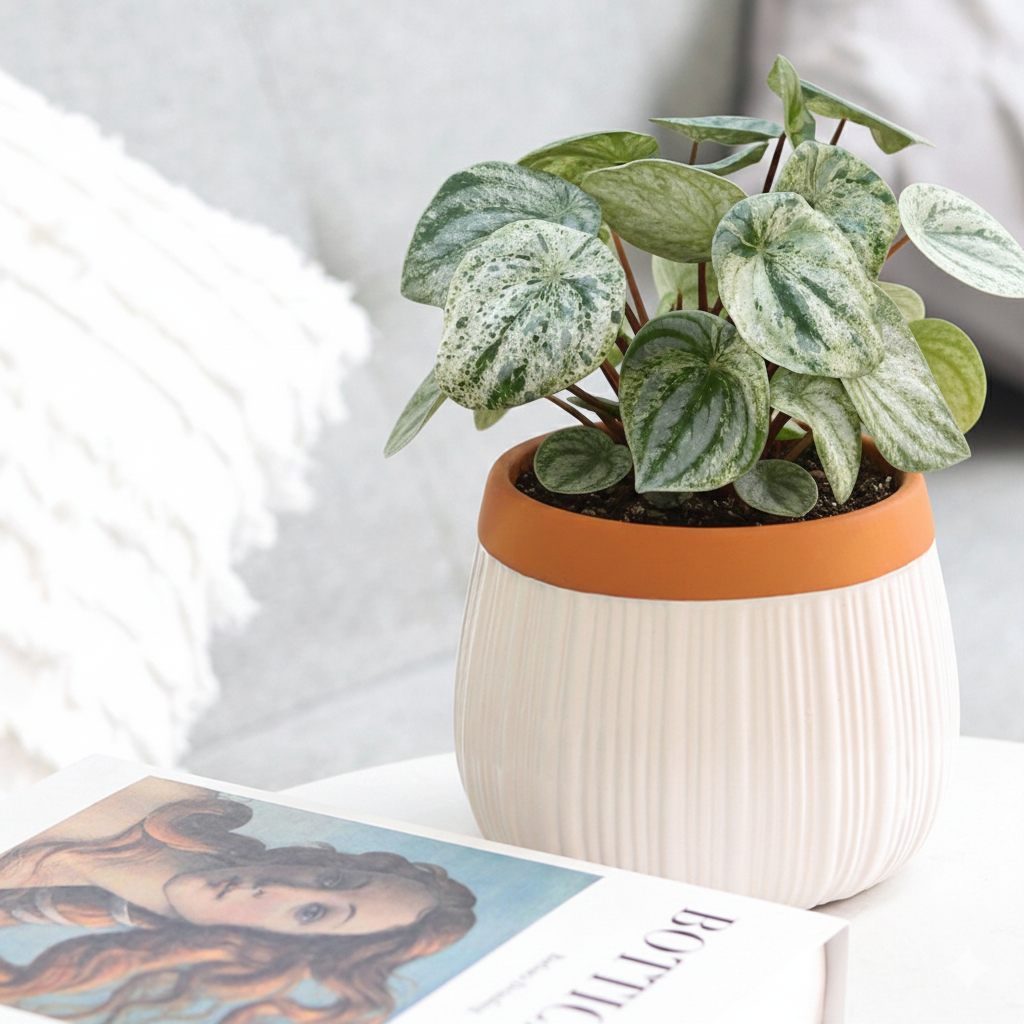 buy peperomia 'watermelon variegated' live air plant 4" pot online, rounded waxy leaves with silver and green stripe pattern, compact bushy rosette form, semi-succulent fleshy texture, non-toxic pet-friendly houseplant, easy care for beginners, perfect for a boho desk or windowsill display, a thoughtful gift for plant collectors