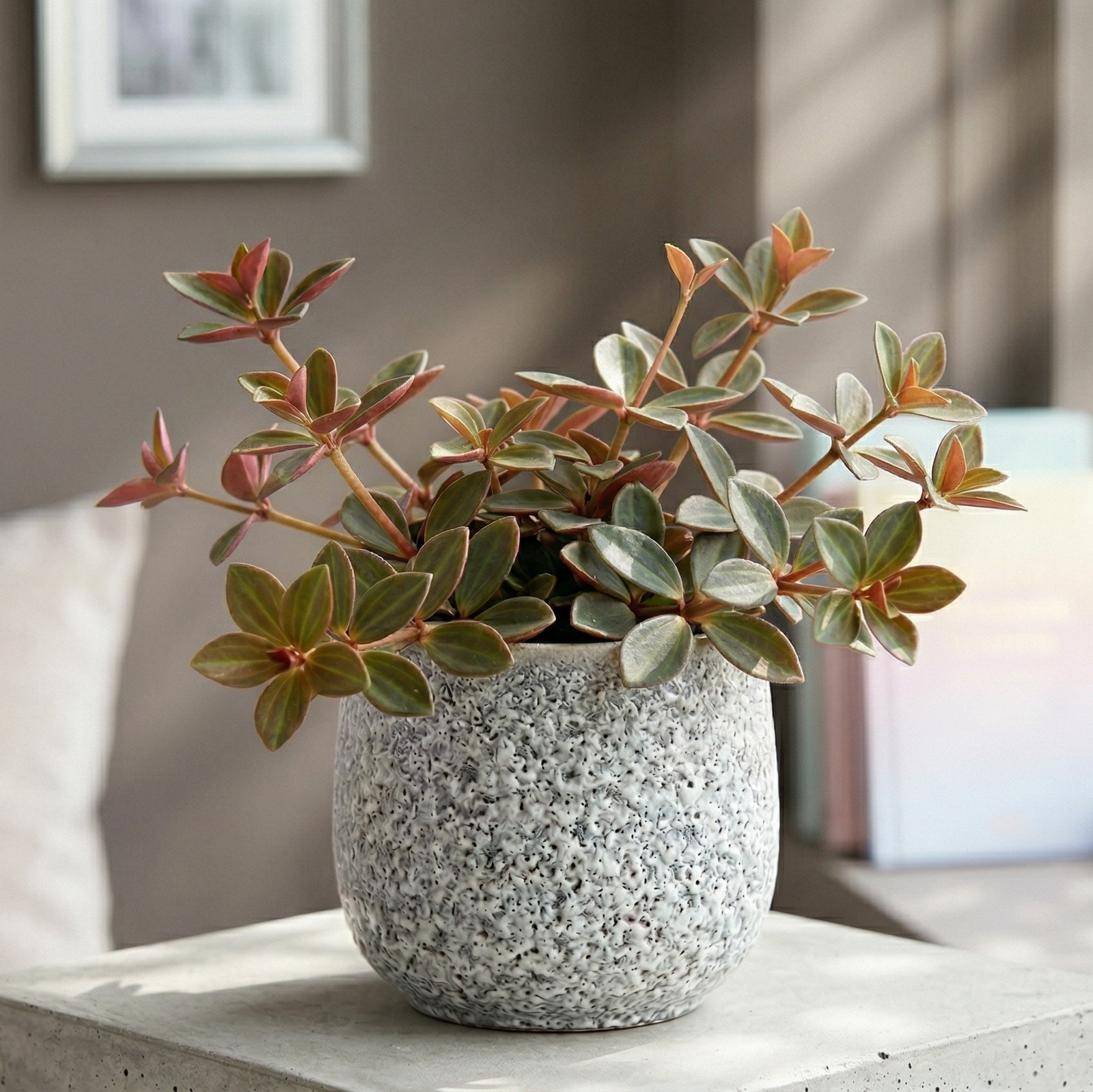buy peperomia verticillata 'red log' live succulent 2 inch online, compact upright growth with dark green whorled leaves and vivid red undersides, fuzzy textured stems, semi-succulent foliage, low maintenance care, bold two-tone color contrast, perfect for a modern desk or plant shelf display, a charming gift for plant lovers and pet owners alike