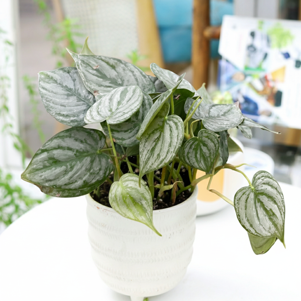 buy philodendron 'brandi' live houseplant 4" pot online, silver-variegated olive-green heart-shaped leaves, trailing vining growth habit, shimmering silver leaf markings, easy care tropical aroid, bohemian shelf or hanging display, thoughtful indoor plant gift for plant lovers