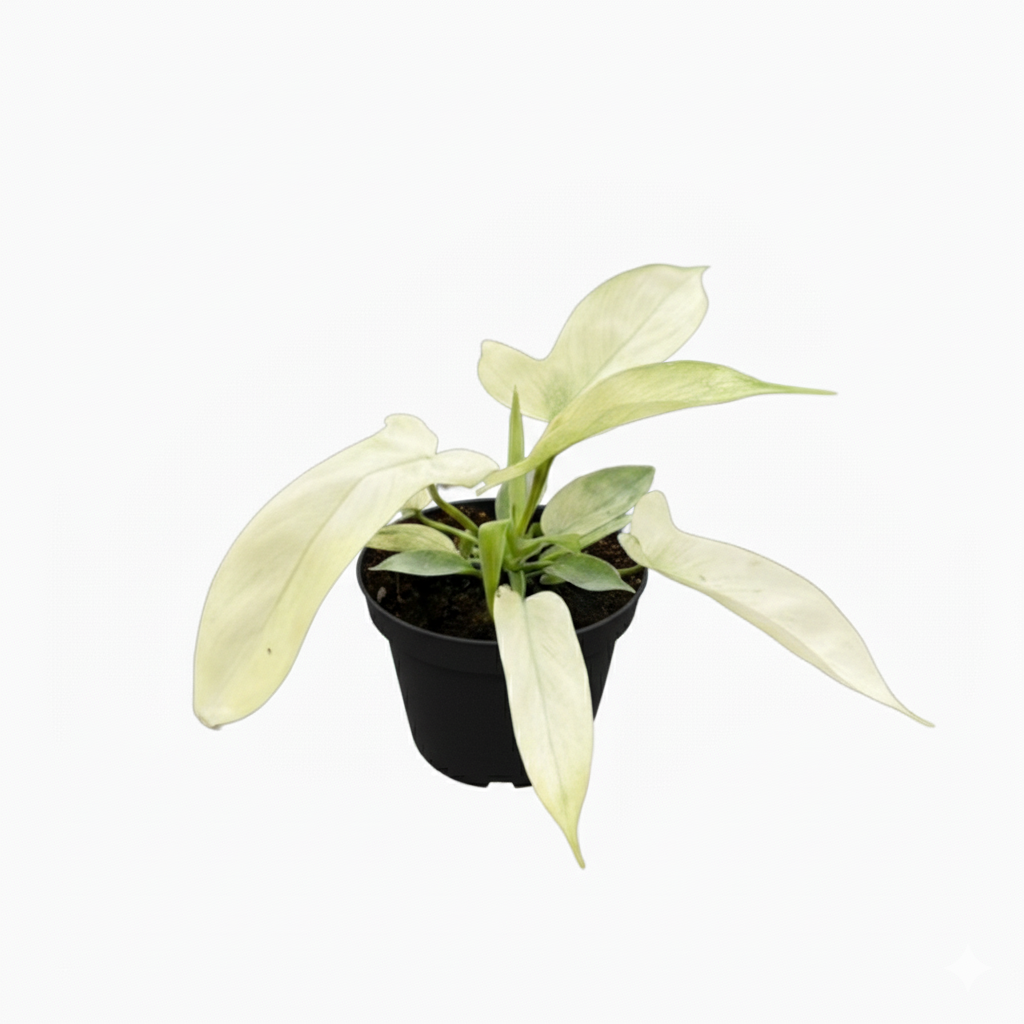 4" pot Philodendron 'Florida Ghost' live houseplant for sale, color-changing variegated leaves from white to mint to emerald green, vining upright growth habit, textured fuzzy stems, high-humidity tropical plant, dramatic statement piece for living rooms or offices, rare plant enthusiast gift