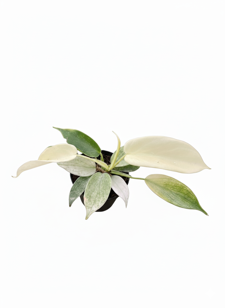 buy Philodendron 'Florida Ghost' live houseplant 2" pot online, juvenile white and pale mint leaves contrasting with mature dark green foliage, deeply lobed glossy leaves, climbing vine with aerial roots, moderate-care rare hybrid aroid, bold architectural plant for indoor tropical displays, one-of-a-kind housewarming gift