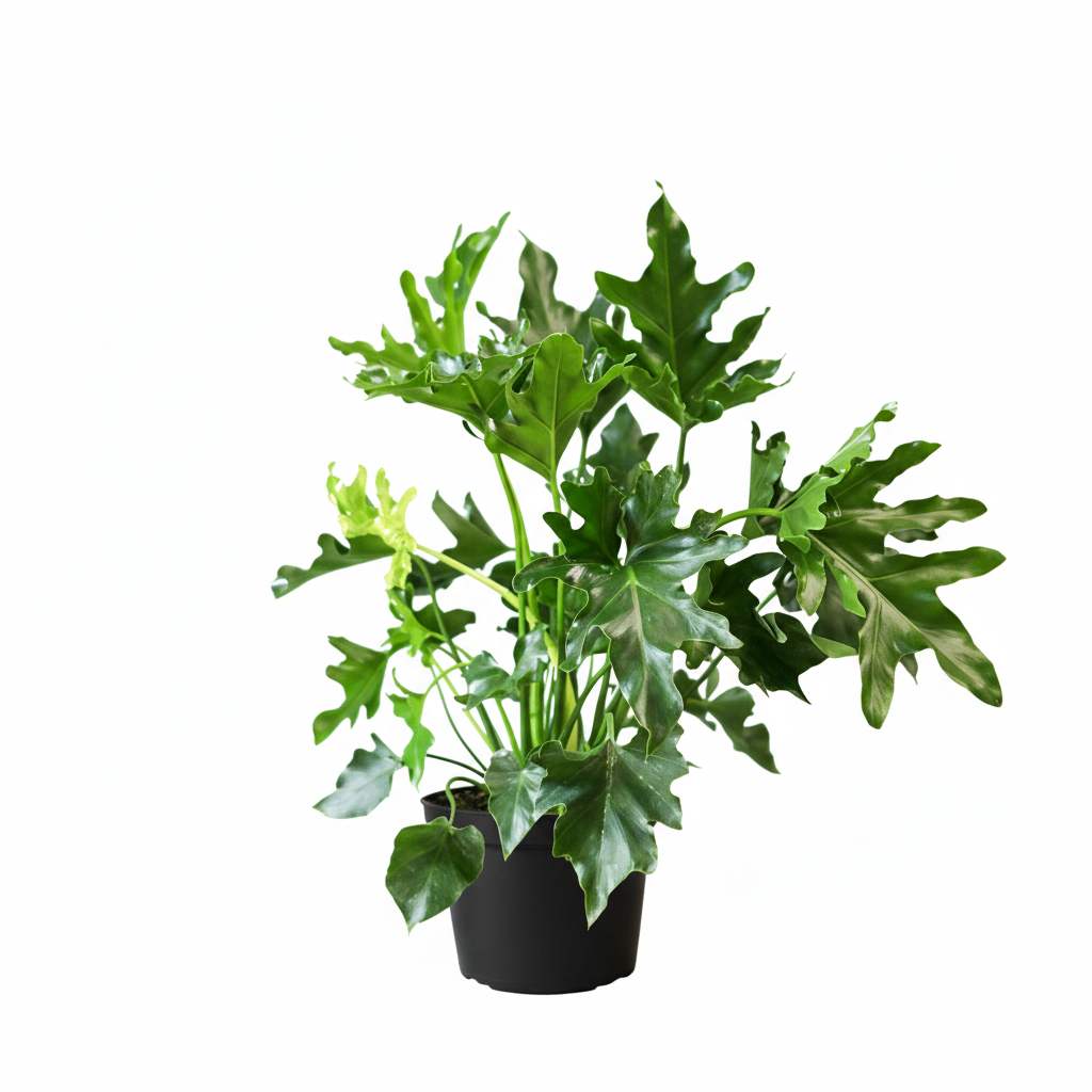 8" pot philodendron 'lickety split' live houseplant for sale, lush tropical foliage with finger-like deep splits and glossy texture, self-supporting upright clumping plant with no trailing habit, fast establishing and forgiving of occasional neglect, new growth emerges in vibrant lime green, a showstopping statement plant for living rooms and entryways, a memorable gift for houseplant collectors and beginners alike