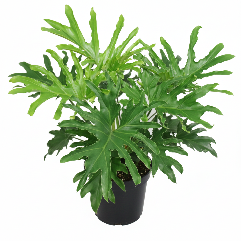 8" pot philodendron 'lickety split' live houseplant for sale, rich dark green architectural leaves with curly frilled edges, self-heading non-trailing growth habit, air-purifying tropical aroid, thrives in bright indirect light indoors, a bold and beautiful decor accent for any spacious room, an impressive gift for houseplant enthusiasts
