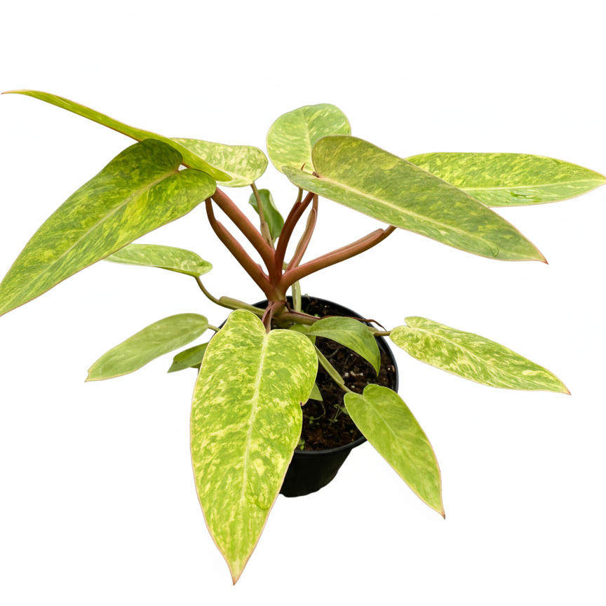 buy philodendron 'painted lady' live houseplant 6" pot online, vibrant neon-yellow and deep green variegated glossy leaves, pink petioles, upright climbing growth habit, low maintenance tropical aroid, bold architectural accent for shelves or floor displays, makes a stunning and unique plant lover gift