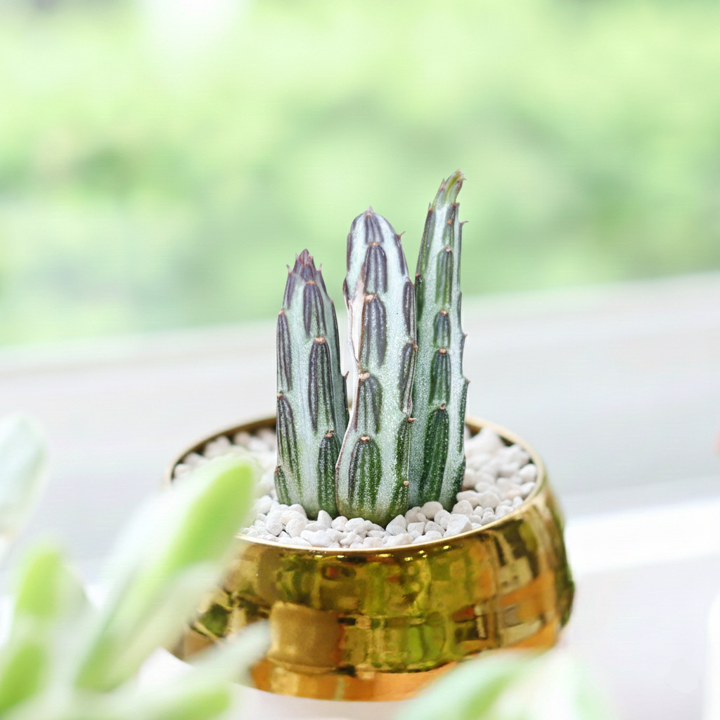 buy pickle plant kleinia stapeliiformis cactus live cactus 3" pot online, dark green cylindrical pencil-like stems with white and purple markings, upright clustering growth form, brittle succulent texture with soft spine ridges