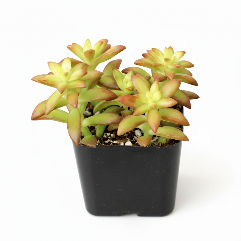 buy sedum orange glow live succulent 2 inch online, intense copper-orange sun-stressed coloration, loose rosette with fleshy pointed leaves, thrives in full sun and well-draining gritty soil, freely branching semi-trailing form, eye-catching container garden focal point, a perfect gift for succulent enthusiasts in a white modern pot