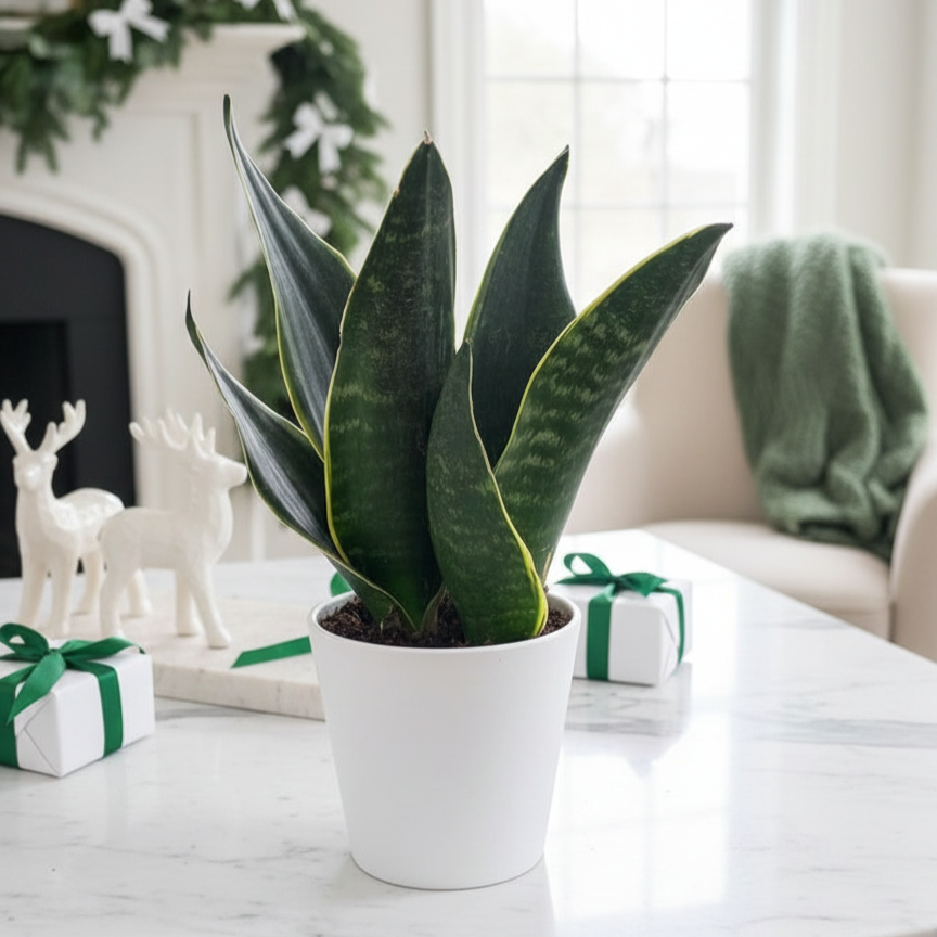buy snake 'fabi' sansevieria live houseplant 4" pot online, deep forest green upright leaves with creamy white margins, thick sword-shaped succulent foliage, compact sculptural growth form, low-maintenance drought tolerant, bold architectural accent for modern minimalist shelves, unique indoor plant gift for plant lovers