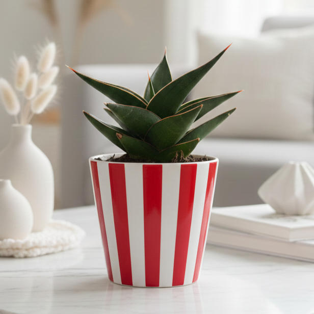 buy snake 'lavranos' sansevieria live houseplant 4" pot online, compact rosette form, rigid deep green foliage with subtle horizontal banding, reddish-brown leaf margins, slow-growing miniature succulent, drought tolerant easy care, architectural desk accent, perfect rare houseplant gift for plant collectors