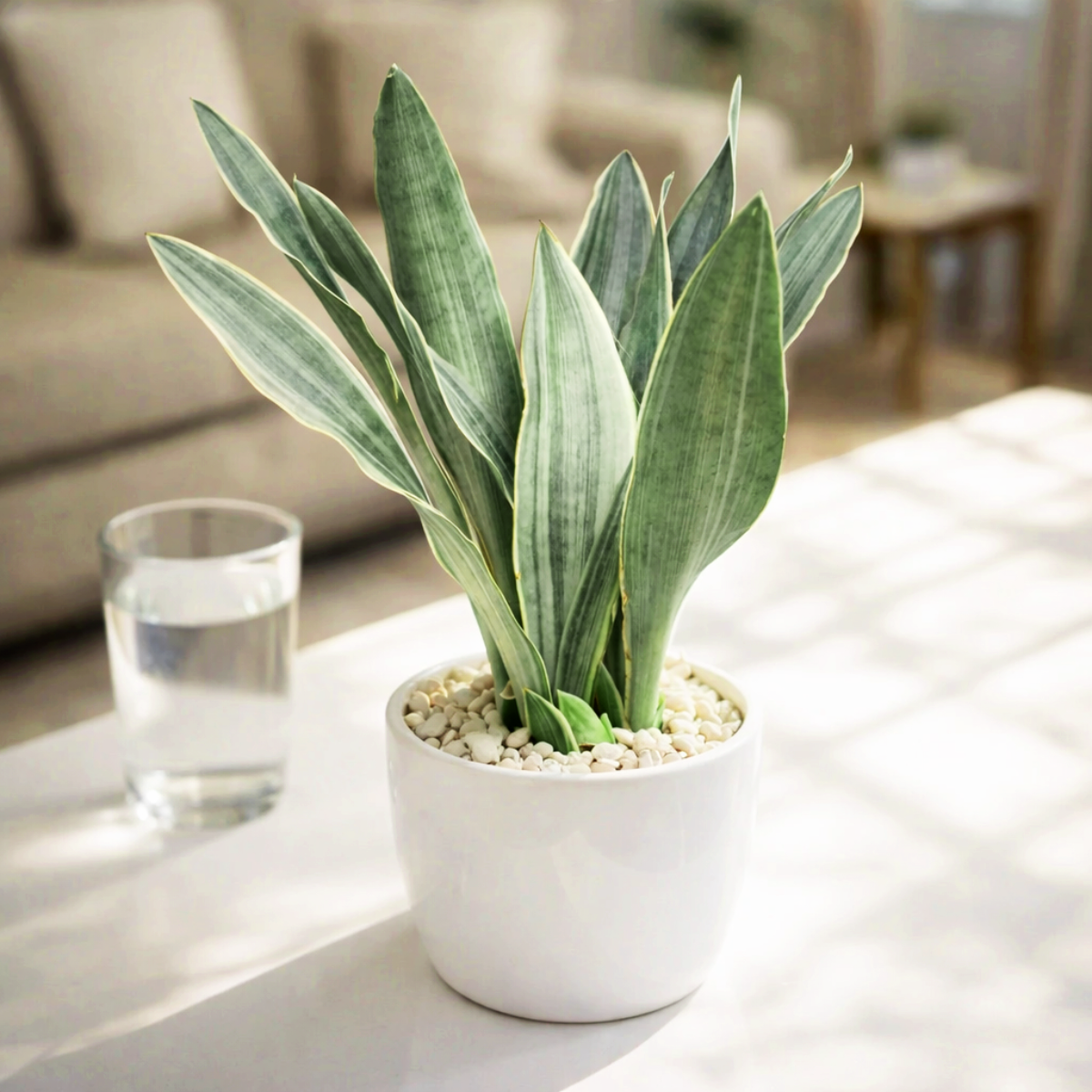 buy snake plant 'sayuri' sansevieria live houseplant 4" pot online, silvery sage upright sword leaves, metallic green striations, structured rosette form, drought tolerant succulent, sleek minimalist accent for desk or shelf, thoughtful low maintenance housewarming gift