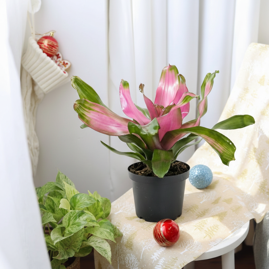 buy bromeliad 'donna' live houseplant 6" pot online, striking chartreuse and pink rosette leaves, glossy arching foliage, compact wide-spreading growth form, vivid tropical color year-round, bold statement piece for shelves or tabletops, a gorgeous pet-friendly gift for plant lovers