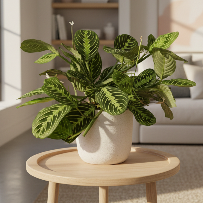 4" pot maranta lemon lime live houseplant for sale, bright citrus-toned variegated foliage with feather-like vein patterns, compact bushy form, nyctinastic praying leaf movement, beginner friendly care, adds a tropical pop of color to any desk or tabletop, a charming gift idea for houseplant enthusiasts