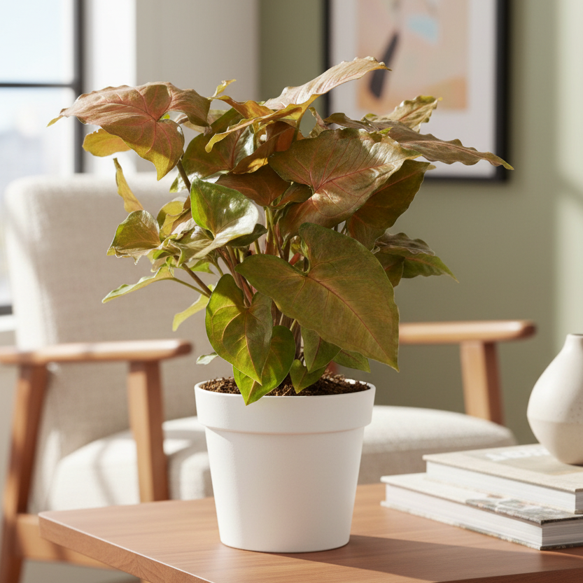 buy syngonium merry live houseplant 4" pot online, vibrant dark green and red heart-shaped leaves, velvety tropical foliage, compact upright grower, low-maintenance arrowhead plant, adds bold color to shelves and tabletops, makes a striking gift for plant lovers