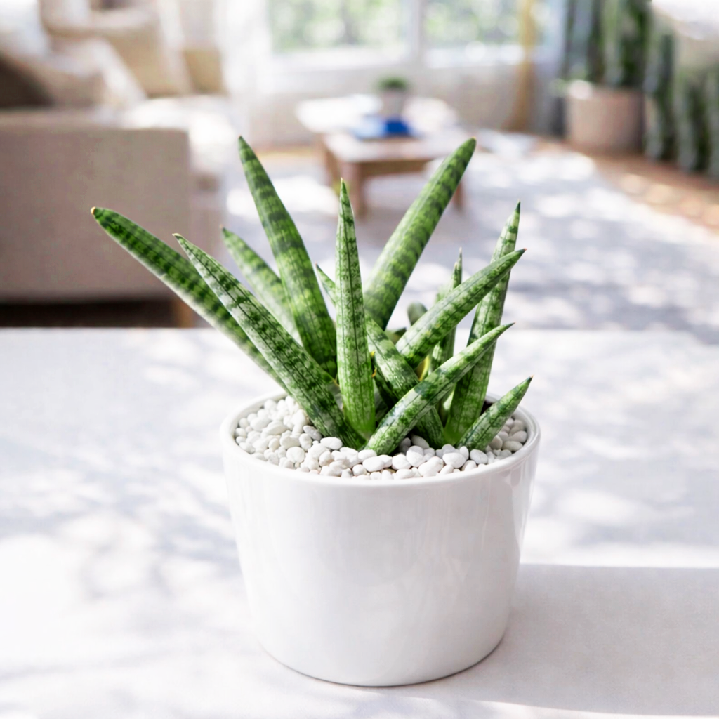 buy snake plant sansevieria starfish live houseplant 3" pot online, compact cylindrical green leaves, fan-shaped starfish rosette, dark green banding on plump spear leaves, drought tolerant succulent, slow growing architectural form, striking desk or shelf accent, unique gift for plant lovers