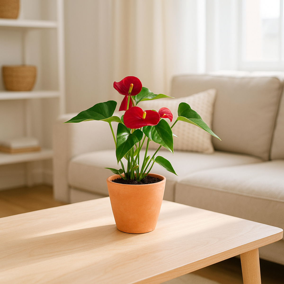 Potted plant with red flowers on a wooden coffee table in a living room.