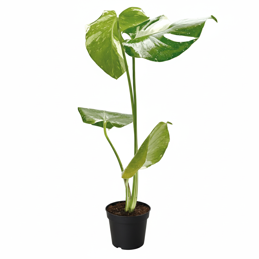 buy monstera 'thai constellation' live houseplant 4" pot online, large split fenestrated leaves splashed with creamy-white star-like variegation, vining upright growth form with distinctive tissue-culture stable patterning, thrives in warm bright indoor spaces, an architectural statement plant perfect as a unique housewarming gift